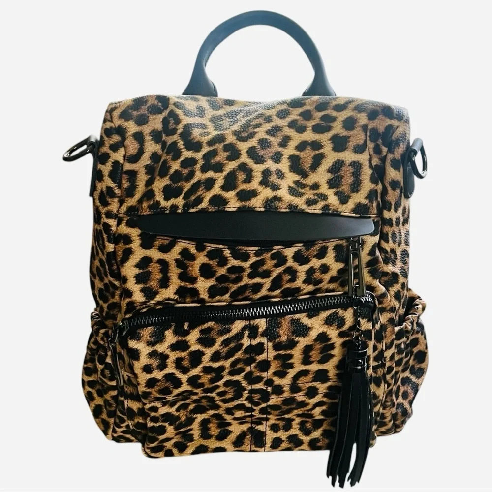NWNT leopard print book bag backpack school bag side pockets zipper